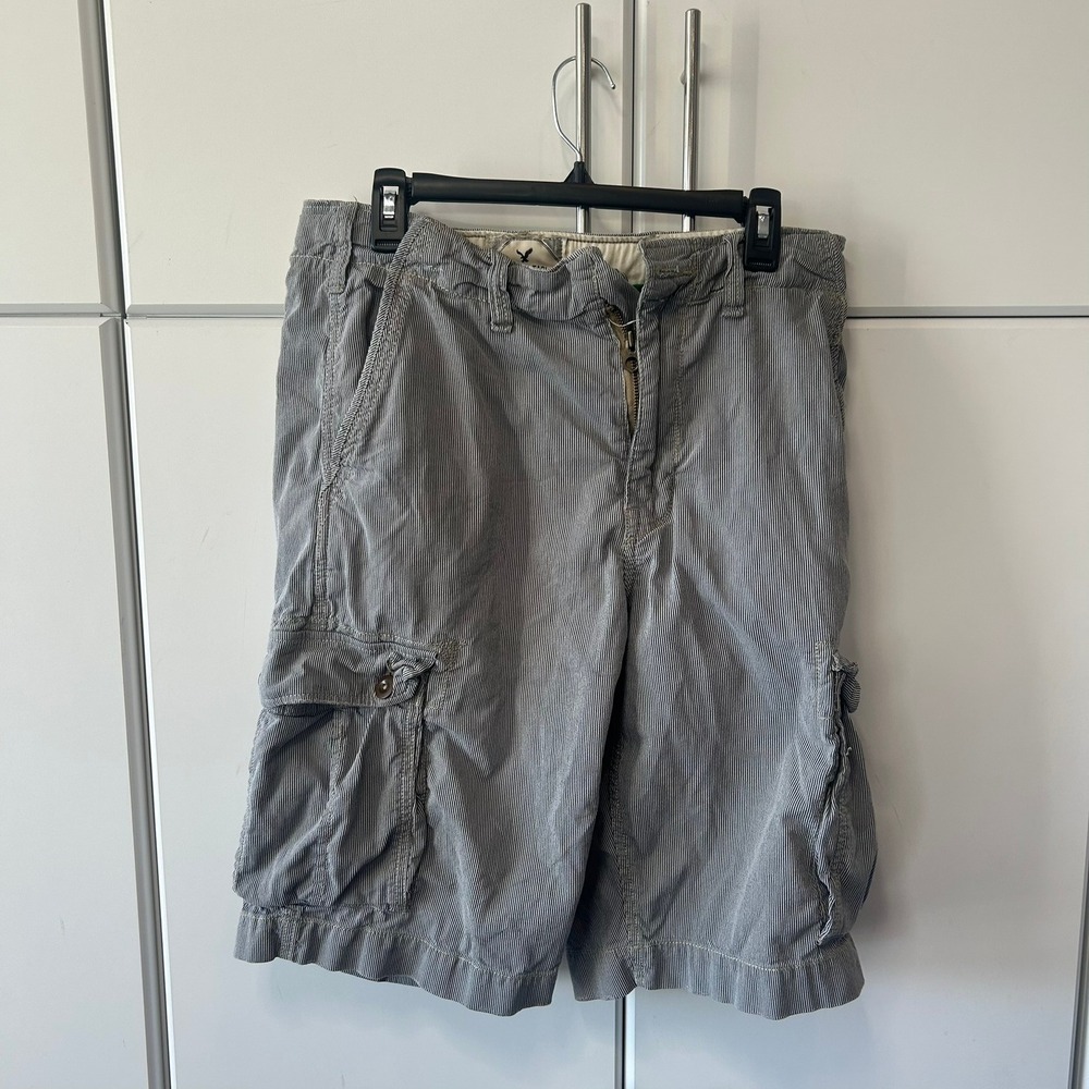 American Eagle Outfitters Mens Hickory Stripe Cargo Shorts Blue White 35 Waist